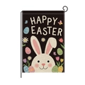 Bandiera da giardino in tela con coniglio, uova colorate e scritta Happy Easter - Stile Orecchie da Coniglio Sfondo Nero (HYQ089-5)