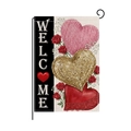 Valentine Garden Flag with Welcome text, pink knit, gold sequins, and lace hearts - Three Texture Hearts Style (HYQ090-7)