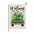 St. Patrick's Day garden flag with green truck, clovers, and Irish Luck text on burlap - Welcome Truck Hydrangea Style (HYQ091-9)