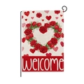 Valentine garden flag with rose heart wreath and welcome text on red linen texture - Heart Shaped Red Rose Wreath Style (HYQ090-8)