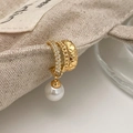 Elegant gold cuff earring set with sparkling rhinestones, chain texture, and pearl drop - Gold Pearl Pendant Ear Cuff