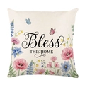 Beige floral throw pillow cover with butterfly print and 'Bless THIS HOME' artistic text - 45x45CM (No Core) / Bless Art Letter Style (JYM736-3)