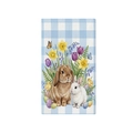 Serviette de Pâques en microfibre avec lapins, fleurs printanières et bordure à carreaux - Doubles Lapins Pastoraux et Fleurs (CJ3-5)