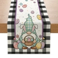 Chemin de table de Pâques avec gnome, bordures à carreaux et œufs sur bois naturel - Zq039-4 / 33cmx180cm