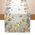 Easter table runner with colorful eggs and watercolor floral prints on wood surface - Zq039-5 / 33cmx180cm