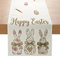 Happy Easter table runner with bunnies, eggs and carrots on a beige woven texture - Beige Rabbit Carrot Style (ZQ039-8)