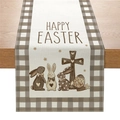 Happy Easter table runner with bunny and cross print and brown checkered edges - Gingham Edge Rabbit Cross Style (ZQ039-9)