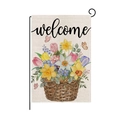 Floral welcome garden flag with linen texture and colorful spring flowers print - Flower Basket Welcome Style (HYQ095-3)