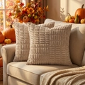 Set of 2 beige corduroy decorative pillow covers with textured geometric patterns - Autumn Light Coffee