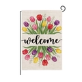 Garden flag with colorful tulips and welcome text on rustic burlap fabric with metal stand - Circular Tulips (HYQ97-3)
