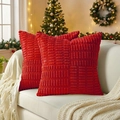 Set of two bright red corduroy throw pillow covers with textured square pattern for sofa - Christmas Red