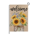 Outdoor linen garden flag featuring sunflowers in a jar with black metal stand and Welcome text - Sunflower in Jar Welcome Style (HYQ095-7)