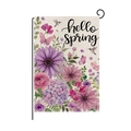 Drapeau de jardin Hello Spring avec hortensias violets et support en métal extérieur - Style Hydrangée et Colibri (HYQ093-5)