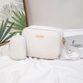 White quilted crossbody camera bag set with a mini pouch and wide fabric strap - White