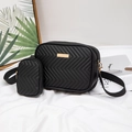 Black quilted crossbody bag set with V-shaped stitching and mini coin pouch accessory - Black