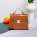 Brown crocodile embossed top handle bag with vintage metal lock and gold chain strap - Brown