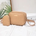 Beige V-quilted crossbody bag set with wide fabric strap and small matching pouch - Apricot