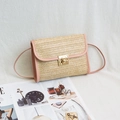 Petit sac en paille tressée avec bordure rose et fermoir doré rotatif élégant - Rose