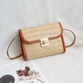 Sac bandoulière pour femme en paille tressée avec bordure en cuir marron et fermoir - Marron