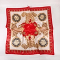 Detailed pattern of beige satin silk square scarf with baroque gold ornaments and red border - 90x90cm / Red