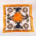 Baroque style beige satin square scarf with vintage royal pattern and orange border - 90x90cm / Orange