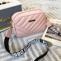 Pink quilted crossbody camera bag with trendy black and white printed wide strap - Pink