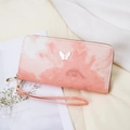 Pink marble pattern long wallet with white butterfly ornament and wrist strap - Pink