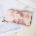 Pink marble texture long zip wallet for women featuring a white butterfly metal logo - Brown