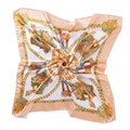 Square satin scarf with elegant horse carriage and gold chain prints on pink border - Beige
