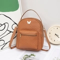 Caramel brown quilted leather backpack for women with white butterfly and gold zippers - Brown