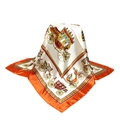 Close-up of royal carriage pattern on silk-like square scarf with orange border - 90x90cm / Orange Border Carriage