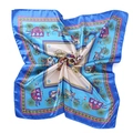 Royal blue and beige satin square scarf featuring vintage horse carriage pattern and floral accents - 90x90cm / Blue Carriage