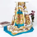 Detail of satin square scarf featuring baroque carriage and chain prints on silk-like fabric - Sky Blue