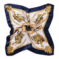 Baroque style silk square scarf with golden chain patterns on navy blue border - Navy Blue