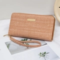 Long chevron pattern coin purse with gold zipper and wrist strap in brown and white - Brown