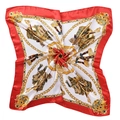 Red and white square silk scarf with gold chain and vintage equestrian horse carriage pattern - Red