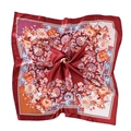 Close-up of red bohemian satin square scarf with intricate orange chrysanthemum floral prints - 90*90cm / Red