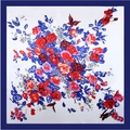 Elegant 90cm square silk scarf featuring a vintage red rose floral print with blue borders - Sapphire Blue