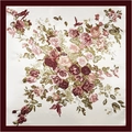 Macro view of silky square scarf featuring rose patterns and a deep red border - Wine Red