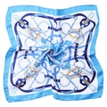 Satin silk scarf with blue and white equestrian print in a stylish spiral layout - Light Blue