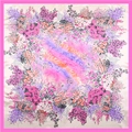 Detailed top view of 90cm satin square scarf with vibrant floral print and pink borders - Fresh Floral (BX35) / Pink