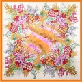Floral print satin square scarf with bright orange border on cream white background - Warm Orange Floral (BX35) / Orange