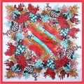 Detail view of 90cm satin square scarf with colorful tulip floral prints and red borders - Vintage Print (BX35) / Red