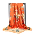 Orange satin square scarf with classic floral patterns and golden chain ornaments - 90x90cm / Orange Floral