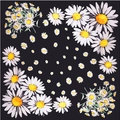 Detailed pattern of white daisy floral print on a black silk satin square scarf - Black