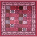 Flat lay of a large square satin scarf with vintage ethnic circular patterns in deep red - 90*90cm / Carmine Patchwork