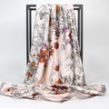 Pink satin square scarf with colorful daisy flowers and gray rolled edges hanging - 90x90cm / Gray Pink Floral