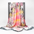 Floral print satin headscarf in pink and yellow with elegant black outlines - Gray