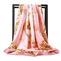 Detail of pink satin scarf featuring golden rose and vintage carriage pattern on rack - Pink Rose Carriage (#21)