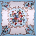 90x90cm blue and white satin headscarf with vintage floral and baroque print design - Light Blue Rose Style